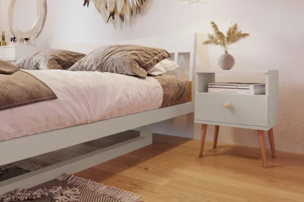 115_3.webp Stolik nocny BOHO z szufladą na wysokich drewnianych nogach - Kaszmir