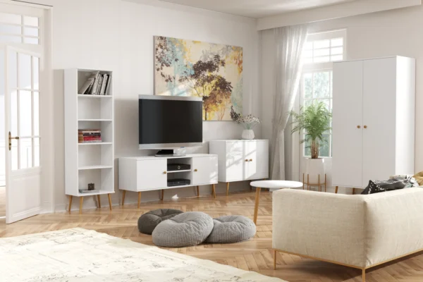 23_10.webp Komoda BOHO z drzwiczkami na wysokich drewnianych nogach - Biały mat