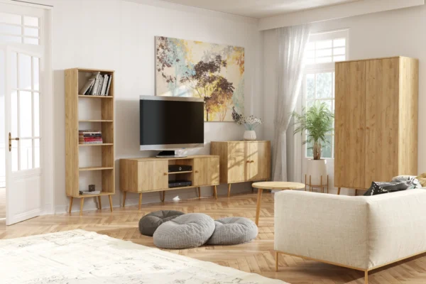 Regał BOHO na wysokich drewnianych nogach - Dąb Craft złoty