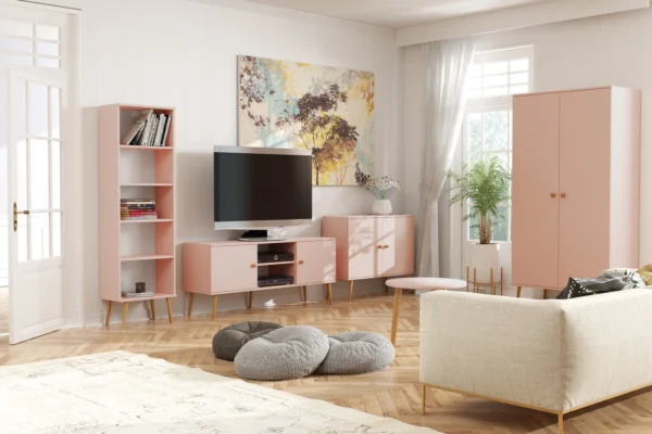 Komoda BOHO z drzwiczkami na wysokich drewnianych nogach - Róż naturalny