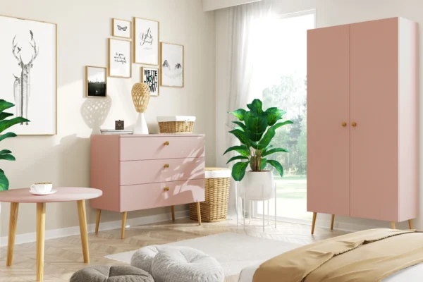 Szafa BOHO na drewnianych nogach + 5 półek 212/87/41 - Róż naturalny