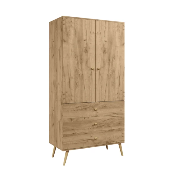 Szafa głęboka BOHO z szufladami i drążkiem na drewnianych nogach 202/100/52 - Dąb Craft złoty