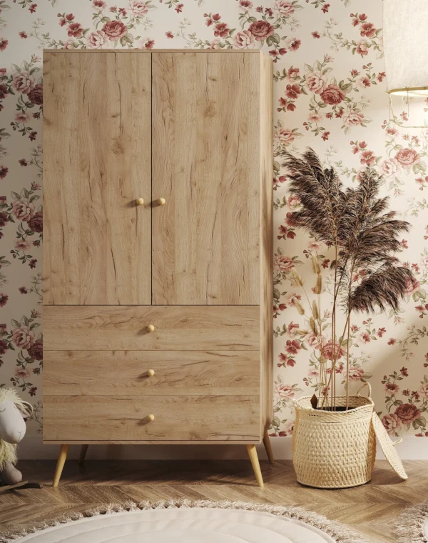 Szafa głęboka BOHO z szufladami i drążkiem na drewnianych nogach 202/100/52 - Dąb Craft złoty